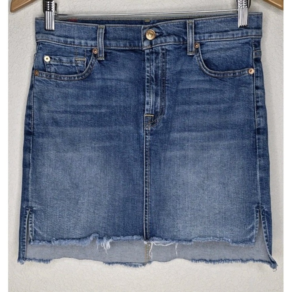 7 For All Mankind Raw Step Hem Denim Mini Skirt Women 27 Boho Stretch Y2K Grunge